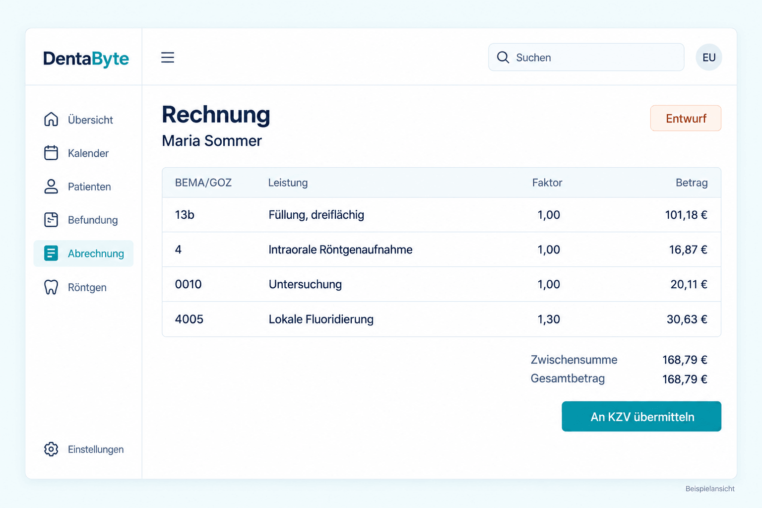 DentaByte Abrechnung — illustrative Softwareansicht